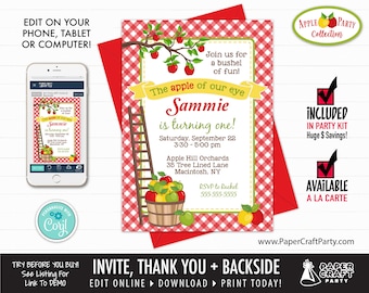 Apple Orchard Printable Invitation and Thank You Note in RED, Includes Backside, Edit Online + Download Today With Free Corjl.com AOR