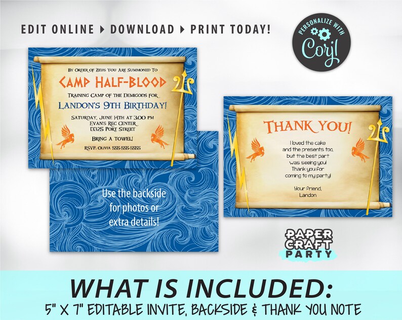 Demigod Birthday Invitation, Backside & Thank You Included, Printable Demigod Invite, Edit Online + Download Today with free Corjl.com 0024 image 5