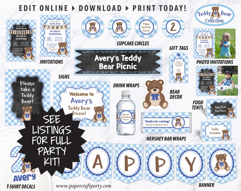 May include: A blue and white gingham pattern is used throughout this set of printable party decorations for a teddy bear themed party. The set includes invitations, cupcake circles, gift tags, photo invitations, signs, drink wraps, bear decor, food tents, Hershey bar wraps, a banner, and t-shirt decals. The text "Avery's Teddy Bear Picnic" is featured on a chalkboard sign.