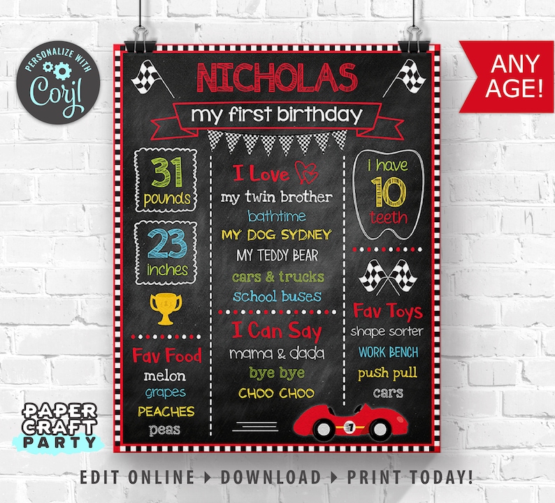 Race Car Milestone Chalkboard Poster for Any Age, Printable Sign, Edit Online Download Today With Free Corjl.com 0062 image 1