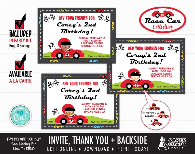Edit Online Thank You Note /& Backside Included Download Today With Free Corjl.com Race Car Printable Invitation