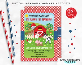 Farm Party Printable Invitation and Thank You Note in RED, Includes Backside, Edit Online + Download Today With Free Corjl.com 0044