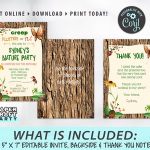 May include: Editable 5x7 inch invitation, thank you note, and backside for a nature-themed birthday party. The invitation features a butterfly, ladybug, and a green grasshopper. The text reads "Creep, Flutter or Fly this way to Sydney's Nature Party to celebrate her 5th Birthday".