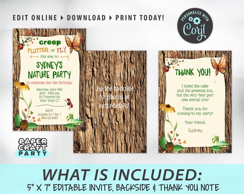 May include: Editable 5x7 inch invitation, thank you note, and backside for a nature-themed birthday party. The invitation features a butterfly, ladybug, and a green grasshopper. The text reads "Creep, Flutter or Fly this way to Sydney's Nature Party to celebrate her 5th Birthday".