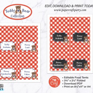 May include: Printable food tent templates featuring a teddy bear design. The tents are red and white gingham with black chalkboard labels. The labels read "Teddy Grahams", "Honey Comb", "Honey Sandwiches", and "Honey Cakes". The templates are 3 3/4 inches by 2 1/2 inches when folded.  Editable Food Tents. Download PDF. Print on 8 1/2 by 11 inch paper or A4.