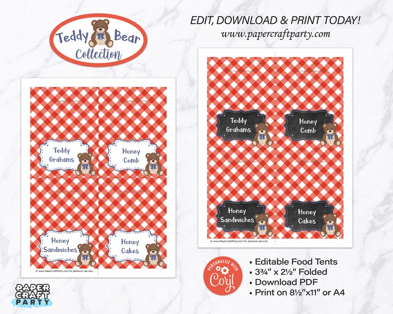 May include: Printable food tent templates featuring a teddy bear design. The tents are red and white gingham with black chalkboard labels. The labels read "Teddy Grahams", "Honey Comb", "Honey Sandwiches", and "Honey Cakes". The templates are 3 3/4 inches by 2 1/2 inches when folded.  Editable Food Tents. Download PDF. Print on 8 1/2 by 11 inch paper or A4.