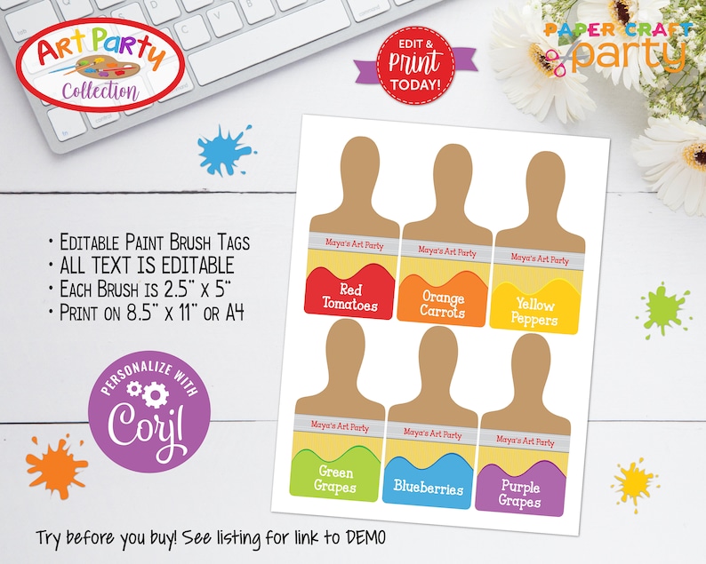 Art Party Printable Paint Brush Gift Tags Name Tags Food Etsy