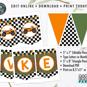 May include: Printable party banner featuring a chequered pattern, orange and green pennants, and a cartoon ATV. The banner includes editable pennants with the letters V, K, and E. The text "PERSONALIZE WITH Coril EDIT ONLINE DOWNLOAD PRINT TODAY!" is at the top of the image. The text "PAPER CRAFT PARTY" is at the bottom of the image.