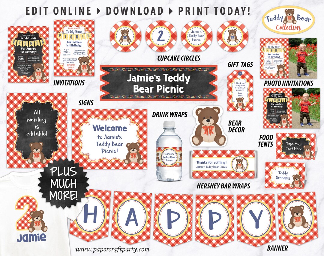 Teddy Bear Picnic Printable Party Kit Includes Invite & Decorations in