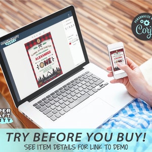 May include: A digital mockup of a printable invitation for a first birthday party. The invitation features a red and black plaid background with a lumberjack theme. The text on the invitation reads "Flannel Up for Some Fun! Our Little Lumberjack is turning ONE!" The invitation is displayed on a laptop screen and a smartphone.