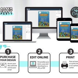 May include: A digital illustration of a camping-themed birthday invitation with a blue background, a tent, a campfire, and the text "Camp Corey - You're Invited to the Coolest Campout". The invitation is displayed on a computer screen, a tablet, and a smartphone. The text "Easy as..." is displayed below the images, along with three numbered steps: "Purchase Your Design", "Edit Online", and "Print".