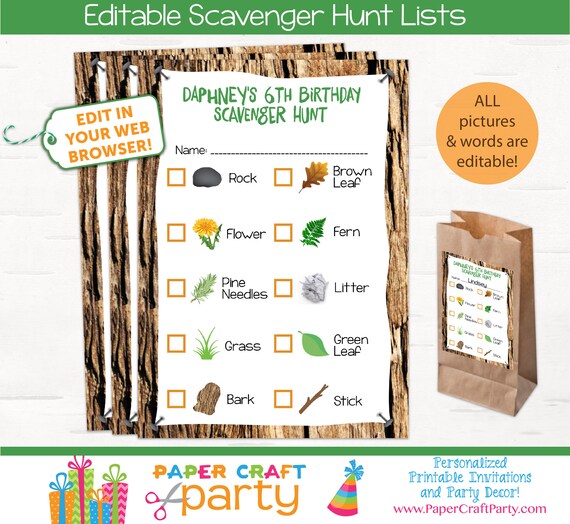 Scavenger Hunt Printable Lists with Editable Pictures &amp; Words, Nature, Woodland Party, Instant ...
