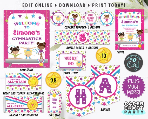 Gymnastics Printable Party Kit, Includes Invite & Thank You Note, Olympics, Edit Online + Download Today With Free Corjl.com 0021 Il_570xn