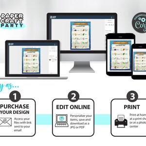 May include: A digital illustration of a printable paper craft party activity. The image shows a computer screen, a tablet, and a smartphone, each displaying the same design. The design is a checklist with the title "Camp Cozy Scavenger Hunt". The image also shows three steps for creating the activity: purchase, edit online, and print.
