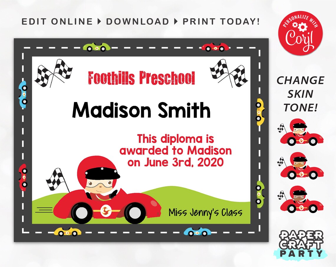 Race Car Diploma Printable Preschool Kindergarten Diploma or Etsy