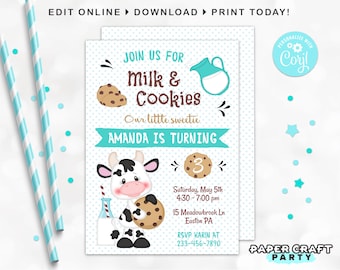 Milk & Cookies Printable Birthday Party Invitation, Thank You Note + Backside Included, Edit Online+Download Today With Free Corjl.com 0050