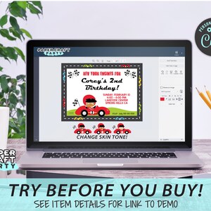 May include: A digital mockup of a printable birthday invitation for a 2nd birthday party. The invitation features a red race car with a checkered flag and the text "Rev Your Engines for Corey's 2nd Birthday!" The invitation is customizable with different skin tones.