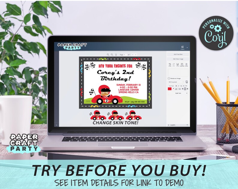 May include: A digital mockup of a printable birthday invitation for a 2nd birthday party. The invitation features a red race car with a checkered flag and the text "Rev Your Engines for Corey's 2nd Birthday!" The invitation is customizable with different skin tones.