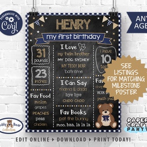 May include: A black chalkboard style printable first birthday sign with a blue and white gingham background. The sign features the name Henry, along with details about his first year, including his weight, height, favorite foods, books, and things he can say. The sign also includes a cute teddy bear illustration.