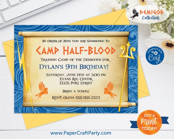 Demigod Birthday Invitation Backside Thank You Note Included