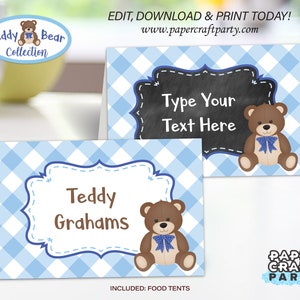 Może przedstawiać: Dwie karty namiotowe na jedzenie w kratkę niebiesko-białą z ilustracją pluszowego misia i tekstem "Teddy Grahams" i "Wpisz swój tekst tutaj".