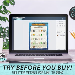 May include: A laptop screen displaying a printable camping scavenger hunt checklist. The checklist includes items such as rocks, brown leaves, flowers, ferns, pine needles, litter, grass, green leaves, bark, and sticks. The text "Camp Cory Scavenger Hunt" is at the top of the checklist. The text "Try Before You Buy! See Item Details for Link to Demo" is displayed below the laptop.