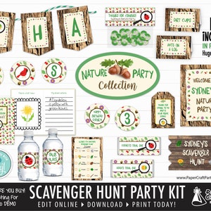 Pode incluir: Um kit de festa imprimível para uma festa de aniversário com tema natureza. O kit inclui uma placa de boas-vindas, uma placa de caça ao tesouro, uma faixa, etiquetas para garrafas de água e outras decorações. O kit é decorado com animais da floresta, folhas e flores. O texto na placa diz "A festa da natureza de Sydney!"