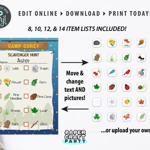 May include: A printable scavenger hunt checklist for a camping themed party. The checklist has a blue background with yellow stars and includes items like a web, flower, pine needles, grass, bark, and stick. The text "Camp Corey" and "Scavenger Hunt" is at the top of the checklist. The name "Asher" is filled in for the participant's name.  The image also includes a variety of images that can be used for the scavenger hunt.