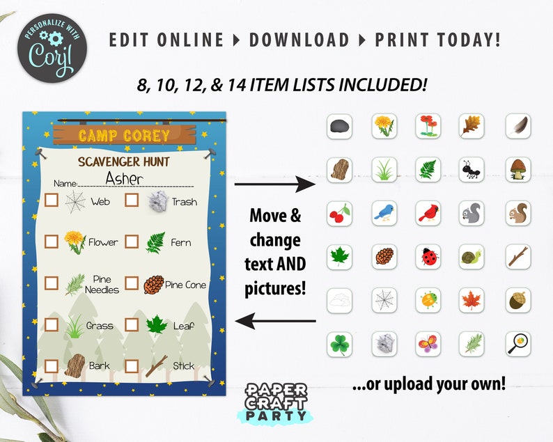 May include: A printable scavenger hunt checklist for a camping themed party. The checklist has a blue background with yellow stars and includes items like a web, flower, pine needles, grass, bark, and stick. The text "Camp Corey" and "Scavenger Hunt" is at the top of the checklist. The name "Asher" is filled in for the participant's name.  The image also includes a variety of images that can be used for the scavenger hunt.