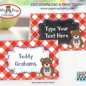 May include: Red and white gingham food tent with a teddy bear illustration and the text "Teddy Grahams". The tent is part of a set of printable food tent templates for a teddy bear themed party.