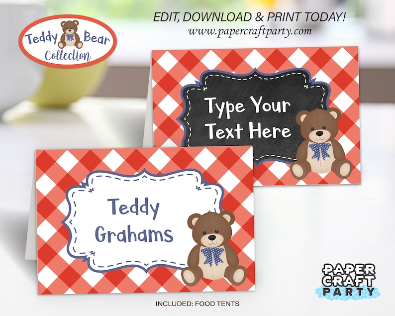 May include: Red and white gingham food tent with a teddy bear illustration and the text "Teddy Grahams". The tent is part of a set of printable food tent templates for a teddy bear themed party.
