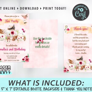 May include: A printable 5x7 inch invitation, thank you note, and backside template for a tea party themed second birthday. The invitation features a watercolor illustration of teacups, bunnies, and other woodland creatures. The text reads "Please join us for a Tea Party to celebrate Amelia's 2nd Birthday".