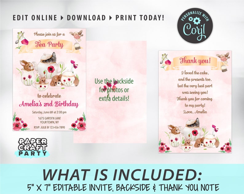 May include: A printable 5x7 inch invitation, thank you note, and backside template for a tea party themed second birthday. The invitation features a watercolor illustration of teacups, bunnies, and other woodland creatures. The text reads "Please join us for a Tea Party to celebrate Amelia's 2nd Birthday".