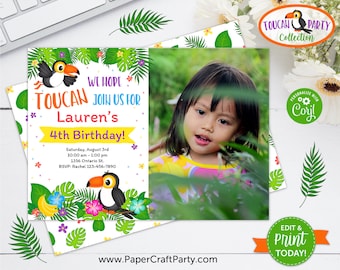 Toucan Party Printable Invitation and Thank You Note, Includes Backside, Edit Online + Download Today With Free Corjl.com