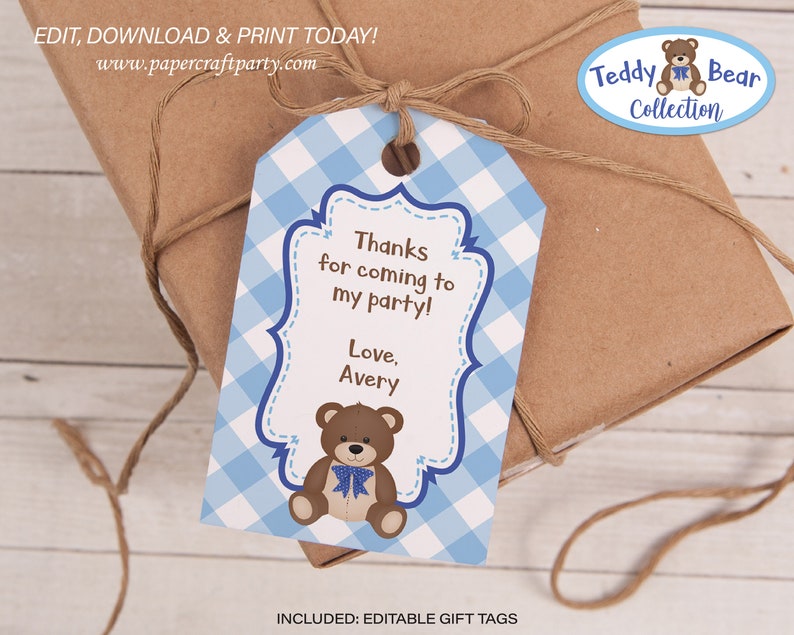 May include: Blue and white gingham gift tag with a brown teddy bear wearing a blue bow tie. The tag says "Thanks for coming to my party! Love, Avery".