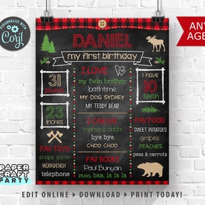 Puede incluir: Un cartel de cumplea&ntilde;os estilo pizarra con un borde de cuadros rojos y negros. El cartel dice "Daniel, mi primer cumplea&ntilde;os". Incluye detalles como el peso, la altura, los alimentos favoritos, los juguetes y los libros. El cartel est&aacute; decorado con un alce, un oso y un peque&ntilde;o hacha.