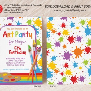 Art Paint Party Printable Invitation and Thank You Note, Includes Backside, Edit Online Download Today With Free Corjl.com 0031 image 2