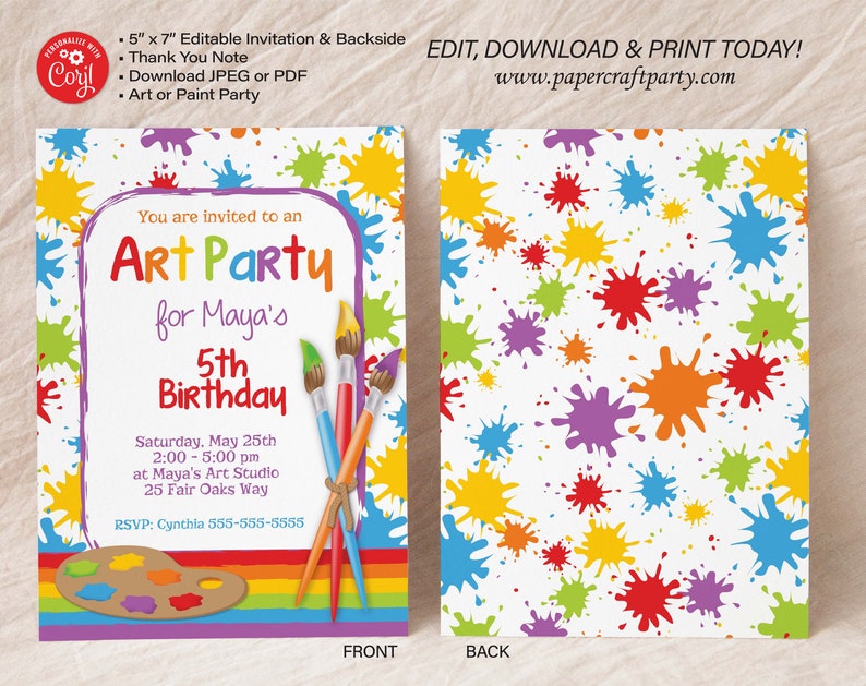 Art Paint Party Printable Invitation and Thank You Note, Includes Backside, Edit Online Download Today With Free Corjl.com 0031 image 2