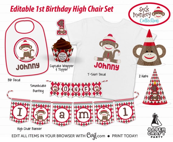 Sock Monkey Party 1st Birthday High Chair Set Hat Bib Sock Monkey Party 1st Birthday High Chair Set Hat Bib