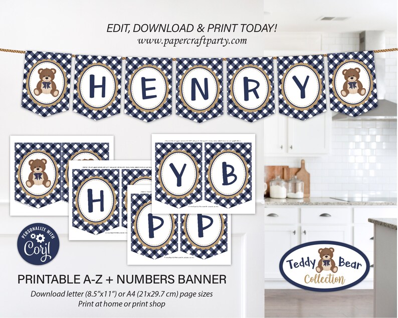 May include: Printable banner with blue and white gingham pattern and teddy bear illustrations. The banner says "HENRY" and includes individual letters for personalization. The banner is 8.5 inches by 11 inches or A4 size.  The banner is part of a Teddy Bear Collection.