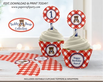 Teddy Bear Picnic Printable Party Circles & Cupcake Wrappers, Gift Tags, Edit Online + Download Today With Free Corjl.com 0082