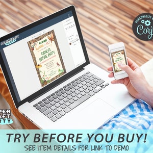 May include: A laptop screen shows a nature-themed birthday invitation with the text "Creep Flutter Fly - The fun way to fly" and "Sydney's Nature Party". A person's hand holds a smartphone displaying the same invitation. The text "Personalize with Corjl" is visible in the top right corner of the image.