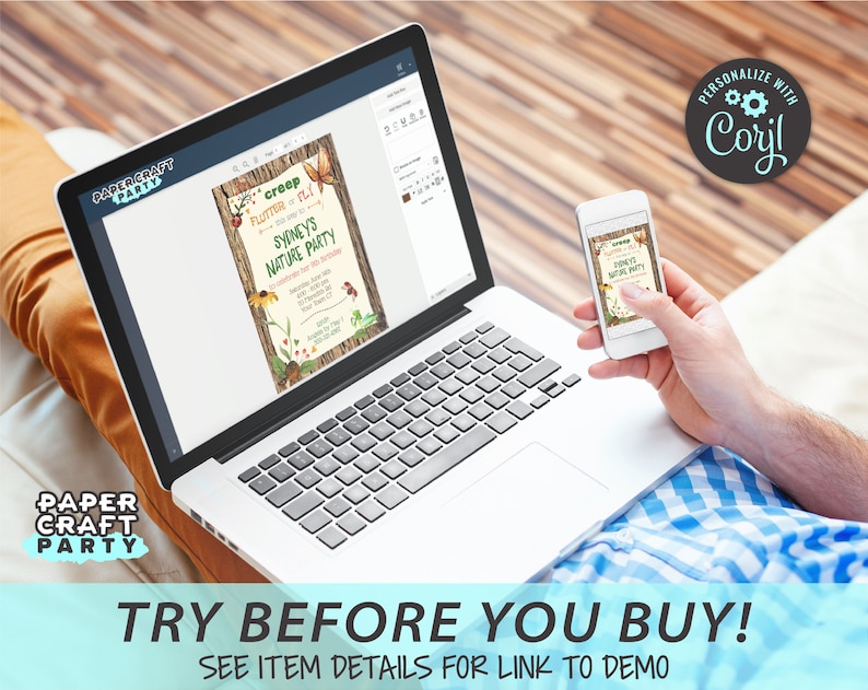 May include: A laptop screen shows a nature-themed birthday invitation with the text "Creep Flutter Fly - The fun way to fly" and "Sydney's Nature Party". A person's hand holds a smartphone displaying the same invitation. The text "Personalize with Corjl" is visible in the top right corner of the image.