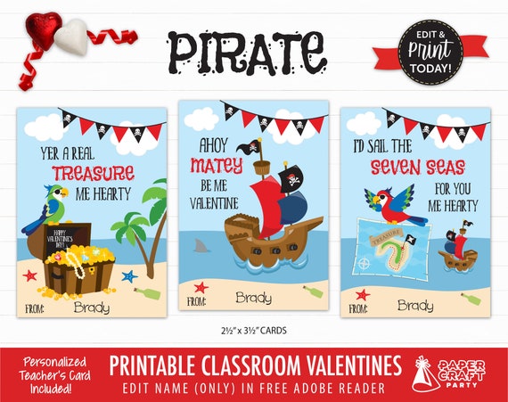Pirate Valentine Cards | Personalized Printable Classroom Valentines | Classroom Exchange Cards | Edit in Free Adobe Reader Il_570xn
