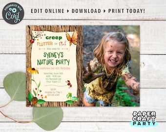 May include: A nature-themed party invitation with a photo of a child covered in mud. The invitation features the text "Sydney's Nature Party" with details for the event. The design includes illustrations of a butterfly, flowers, and insects.