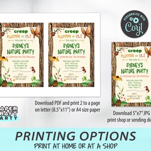 May include: Printable invitation for a nature-themed birthday party. The invitation features a woodland scene with a butterfly, ladybug, and a green grasshopper. The text reads "Creep or Flutter or Fly this way to Sydney's Nature Party to celebrate her 5th Birthday".