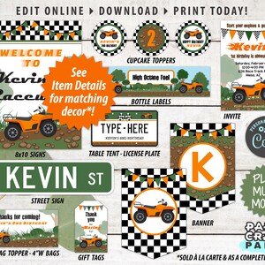 May include: A printable party kit for a child's birthday party with a green, orange and black colour scheme. The kit includes a welcome sign, cupcake toppers, bottle labels, a table tent, a street sign, treat bag toppers, gift tags, a banner and an invitation. The theme of the party is racing, and the kit features images of ATVs. The text on the invitation reads "Start your engines & get in gear Kevin's 1st birthday is almost here!"