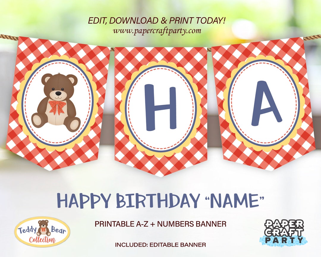 Teddy Bear Picnic Banner, Printable Party Birthday Banner in Red ...