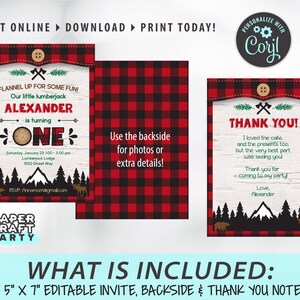 May include: Printable lumberjack themed first birthday party invitation with a red and black buffalo plaid pattern. The invitation includes the text "Flannel Up for Some Fun!" and "Our little lumberjack Alexander is turning One". The back of the invitation includes space for photos or extra details. A thank you note is also included with the text "Thank You! I loved the cake, and the presents too, but the very best part was seeing you! Thank you for coming to my party. Love, Alexander".