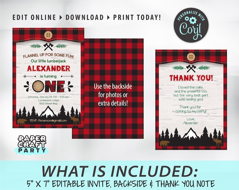 May include: Printable lumberjack themed first birthday party invitation with a red and black buffalo plaid pattern. The invitation includes the text "Flannel Up for Some Fun!" and "Our little lumberjack Alexander is turning One". The back of the invitation includes space for photos or extra details. A thank you note is also included with the text "Thank You! I loved the cake, and the presents too, but the very best part was seeing you! Thank you for coming to my party. Love, Alexander".